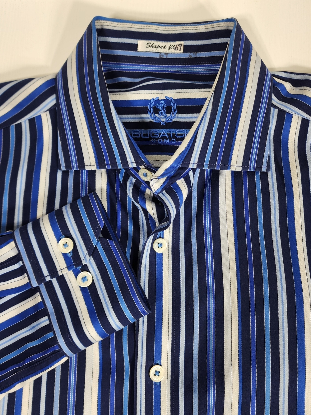 Bugatchi Shaped Fit Navy and White Multi-Stripe Dress Shirt